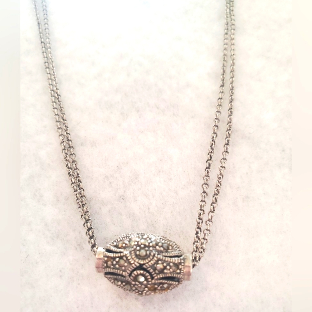 925 Silver & Marcasite Bead Double Chain  15.5“ Necklace